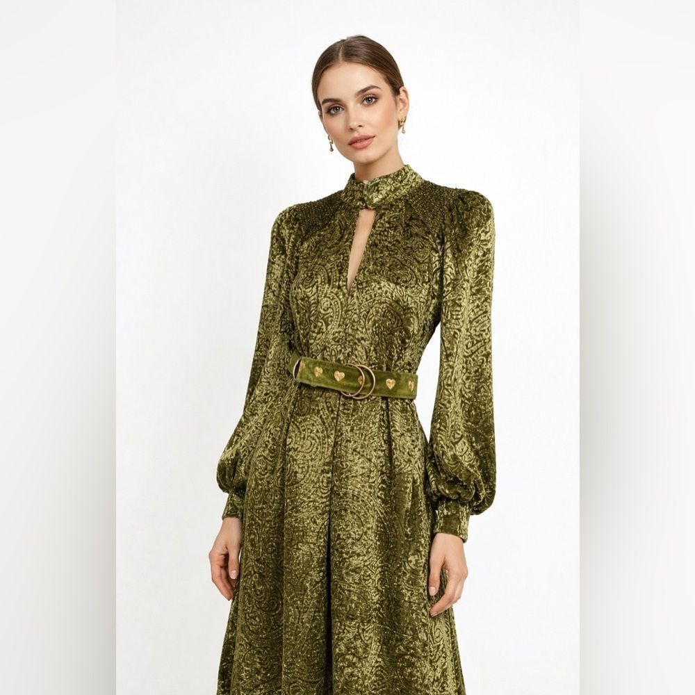 ✨ Emily Lovelock Olive Green Textured Midi Dress Balloon Sleeves Belted NWOT 💚